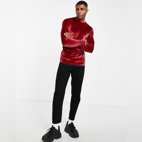 ASOS Other - ASOS DESIGN muscle long sleeve t-shirt in burgundy velour with turtleneck